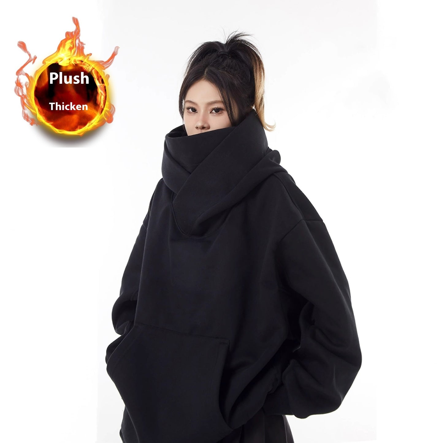 Fleece-Lined High Collar Hoodie — Oversized & Ultra Cozy